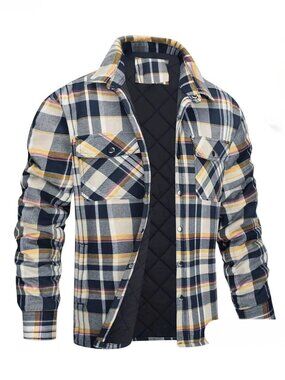 Men's flannel pattern shirt jacket with pockets size large blue/tan/white